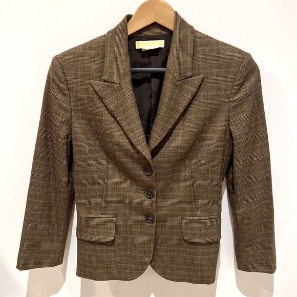 Michael Kors Womens Italian Virgin Wool Collection Plaid Brown Blazer Sz 4 Soft - Picture 1 of 16